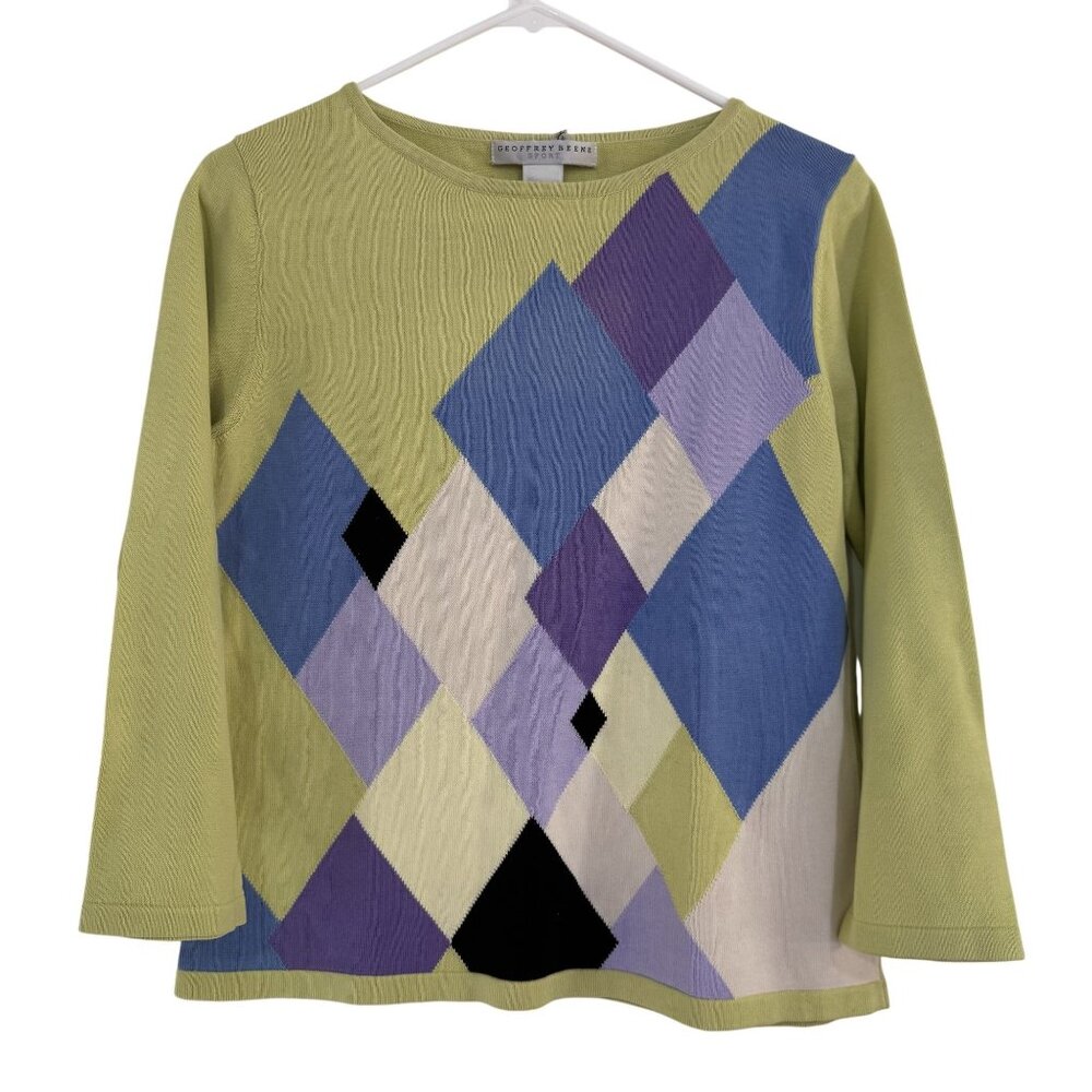 Geoffrey Beene Women's Multicolor Argyle Pattern 3/4 Sleeve Sweater Size M